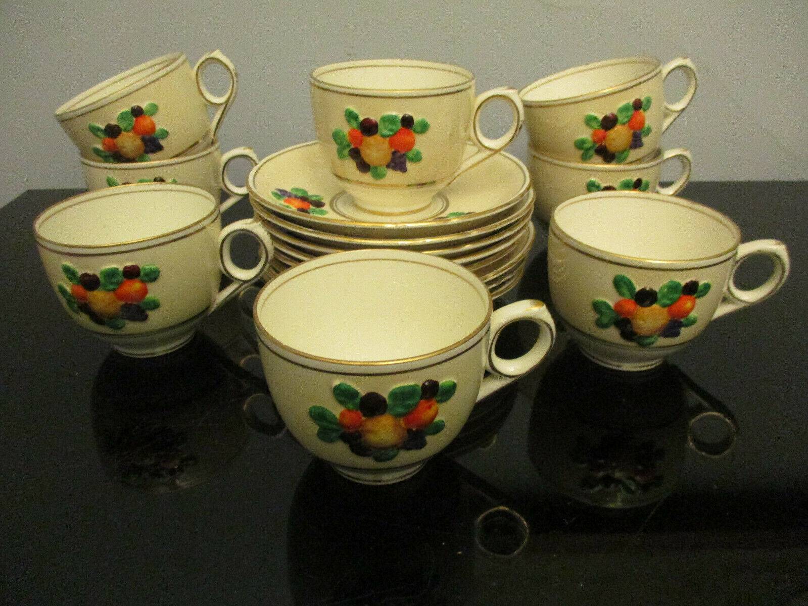 8 Antique Booths China Della Robbia Harvest Embossed Fruit Gold Cups Saucers