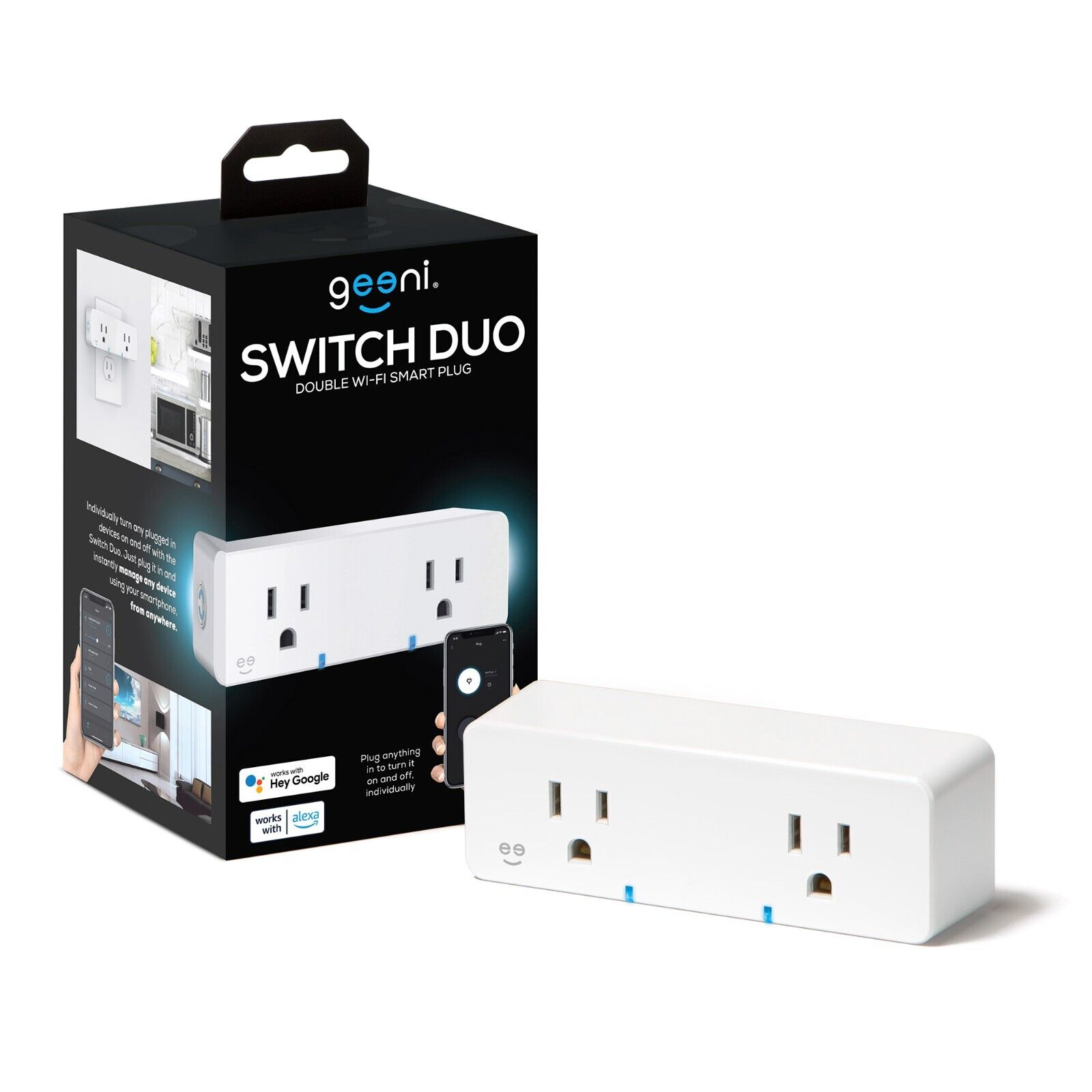 Geeni Switch Duo Double Smart Plug, 2 Outlets With Voice Control White