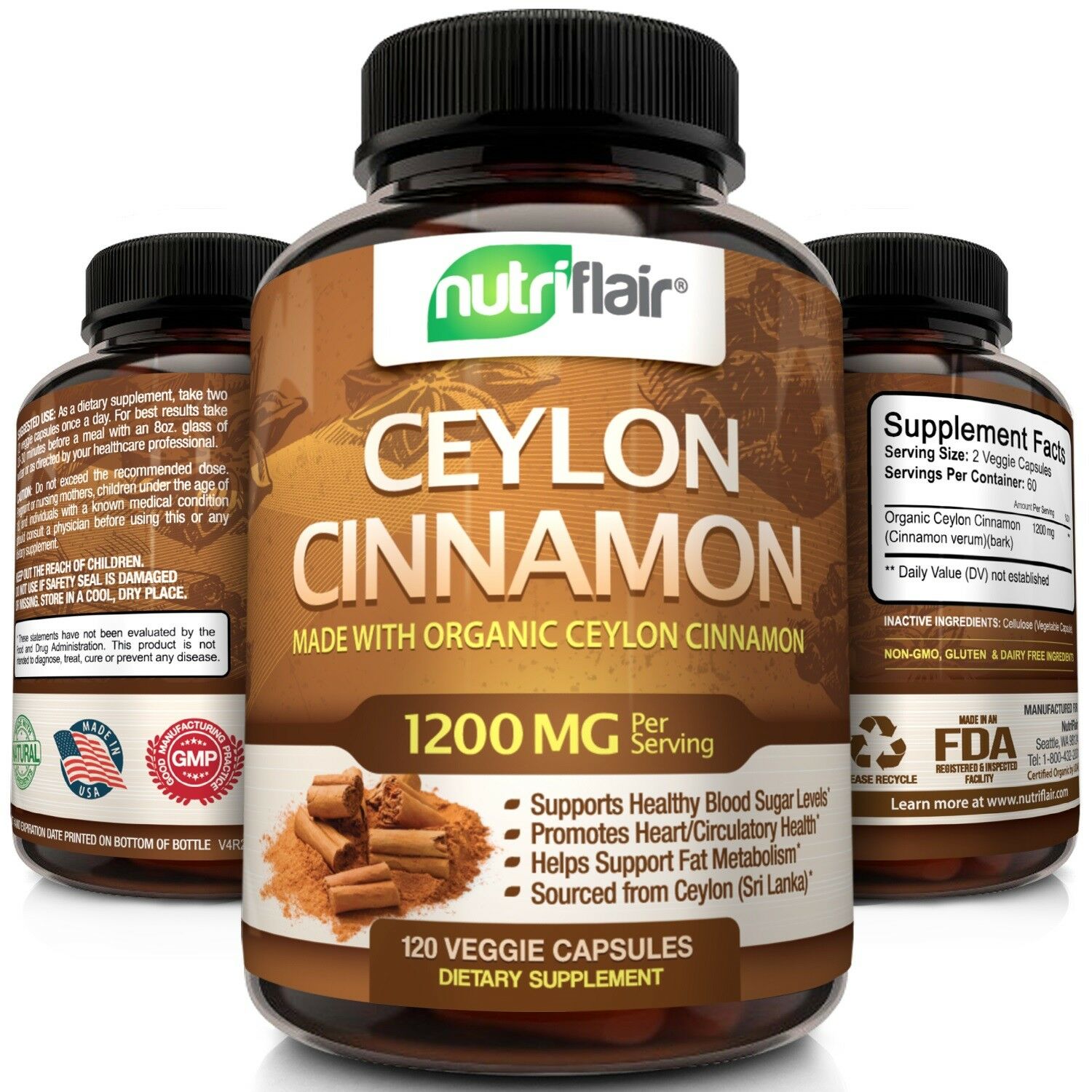 ☀ Organic Ceylon Cinnamon Supplement Pills, 1200 Mg / Serving, 120 Capsules