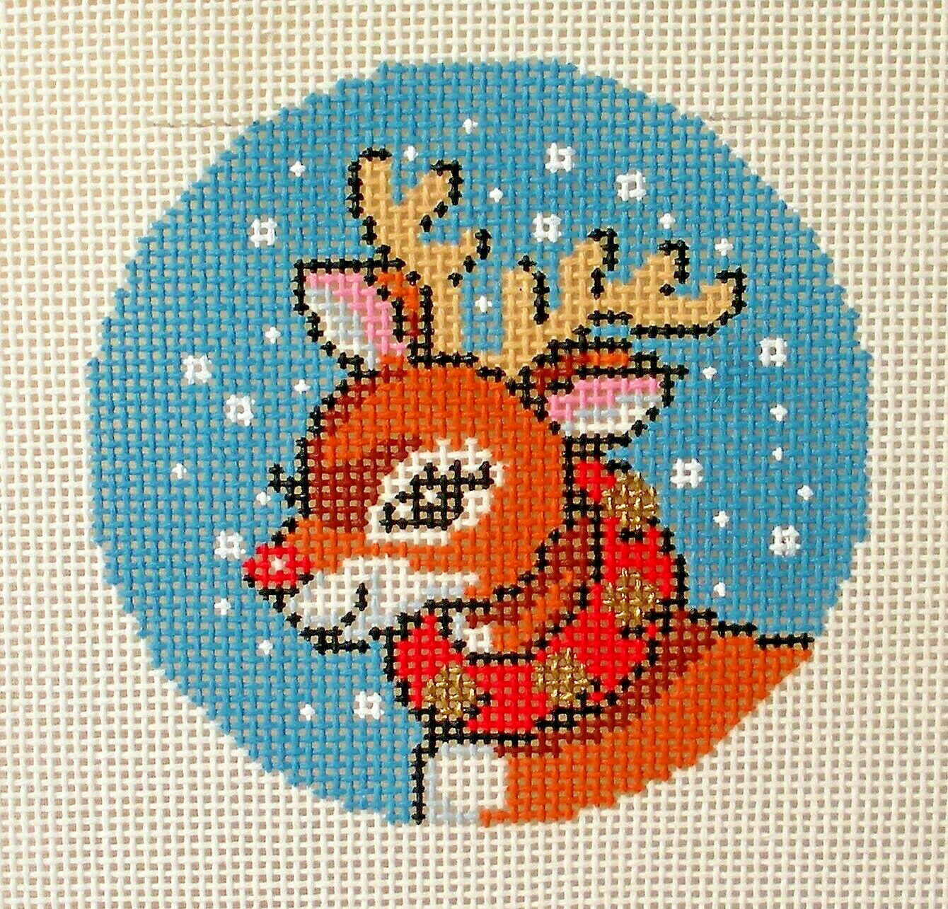 Handpainted Needlepoint Canvas Reindeer Ornament Lee Bj-93 3.25" 18m