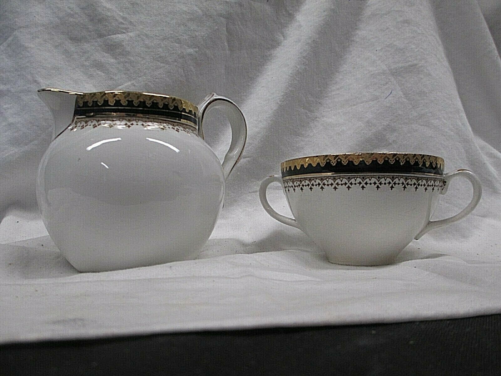 Booths Silicon China England “or Repousse” Creamer & Sugar White  Blue/gold Trim