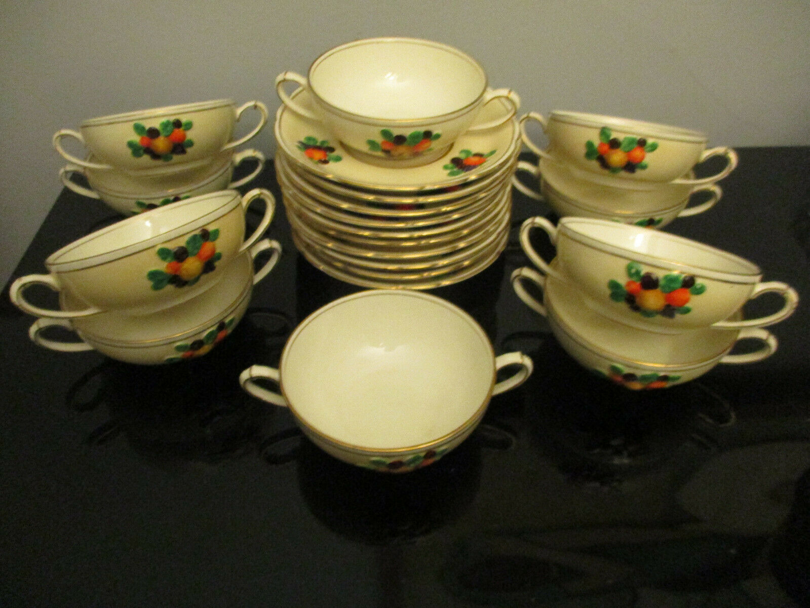 10 Antique Booths China Della Robbia Harvest Embossed Fruit Cream Soup Bowls!