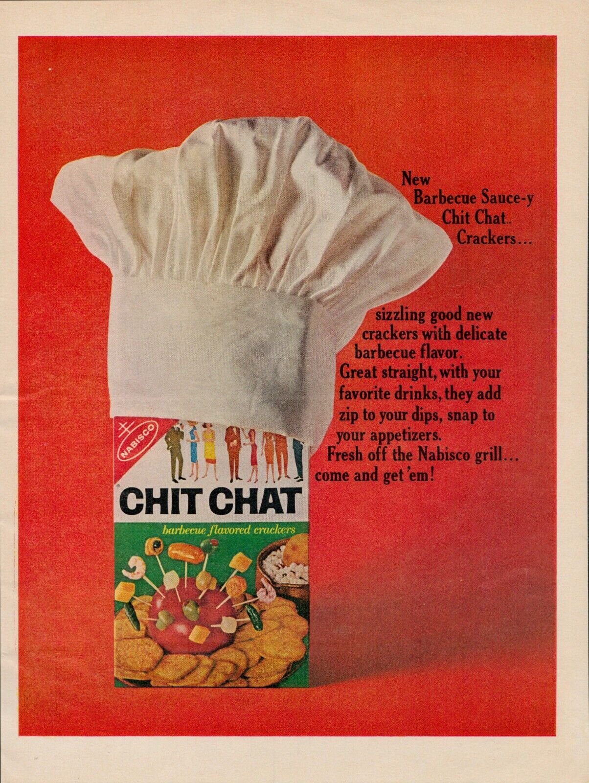 1964 Chit Chat Crackers Nabisco Vintage Print Ad Snack Appetizer Chef Hat Bbq Us