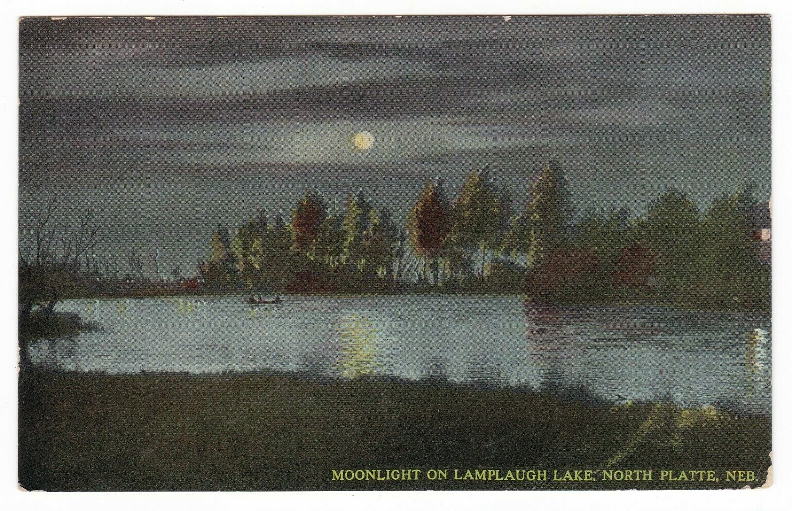 1912 North Platte Nebraska Moon On Lake Lamplaugh Canoe Vintage Postcard Ne Old