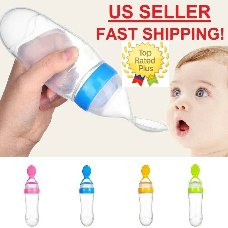 Us Baby Bpa-free Silicone Squeeze Feeding Bottle With Spoon Food Feeder 3oz/90ml