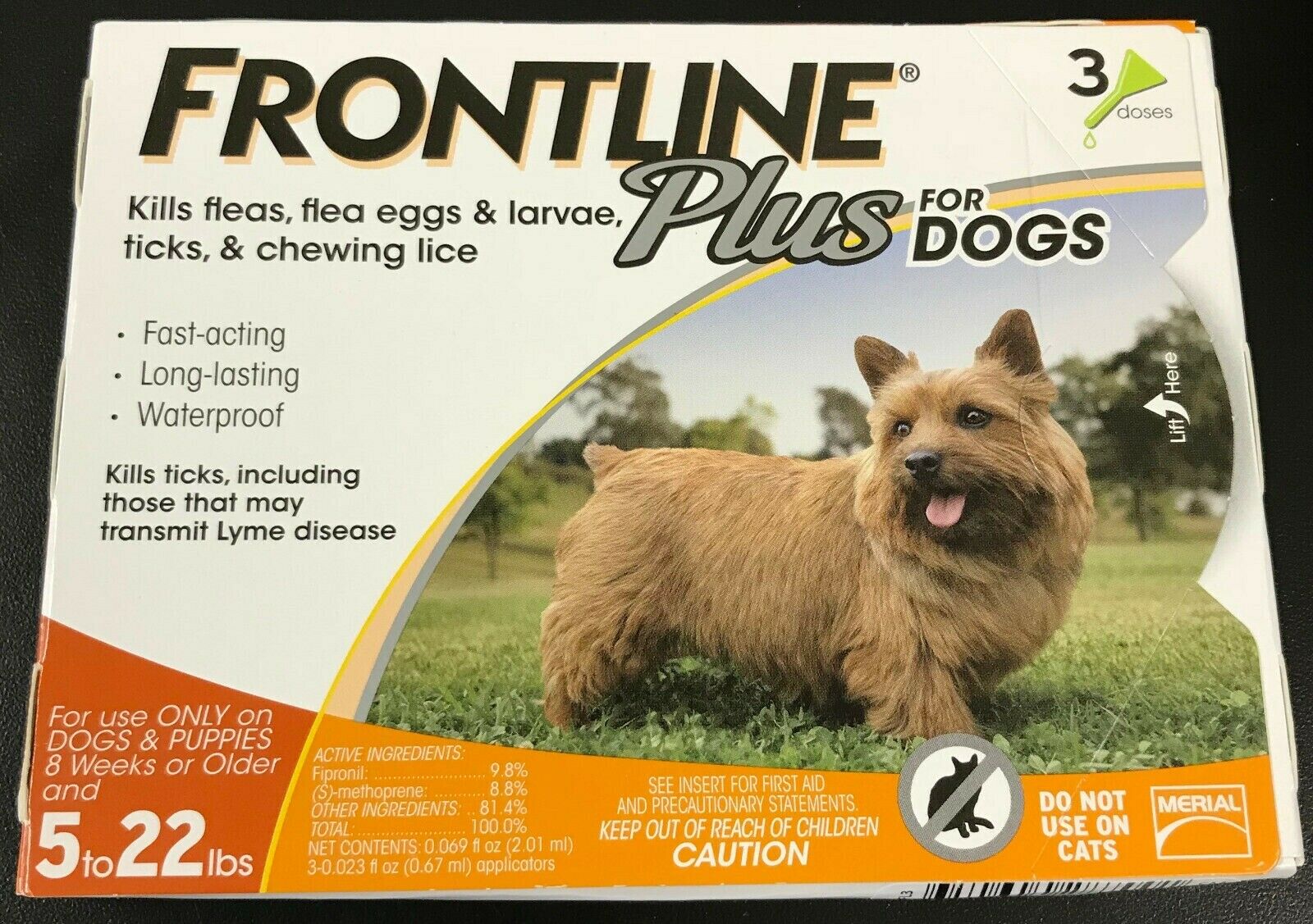 Frontline Plus Flea & Tick Control For Dogs 5-22lbs Orange 3 Doses Pack #7001