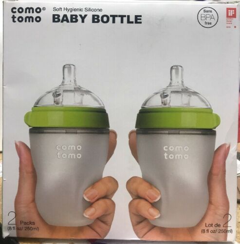 Comotomo Baby Bottles, Medium Flow, Green, 8oz, 2 Pack New